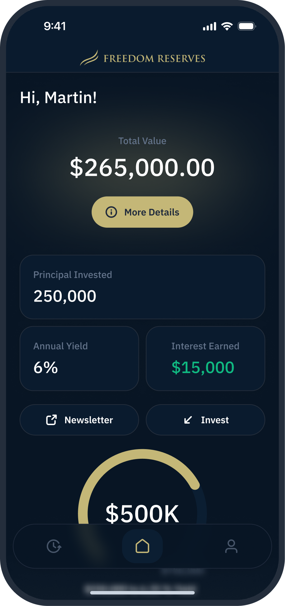 Freedom Reserves app - portfolio dashboard